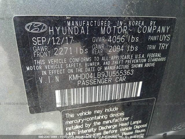 KMHD04LB9JU555363 - 2018 HYUNDAI ELANTRA SPORT GRAY photo 9