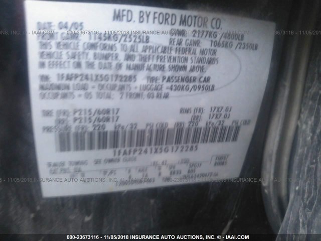 1FAFP241X5G172285 - 2005 FORD FIVE HUNDRED SEL BLACK photo 9