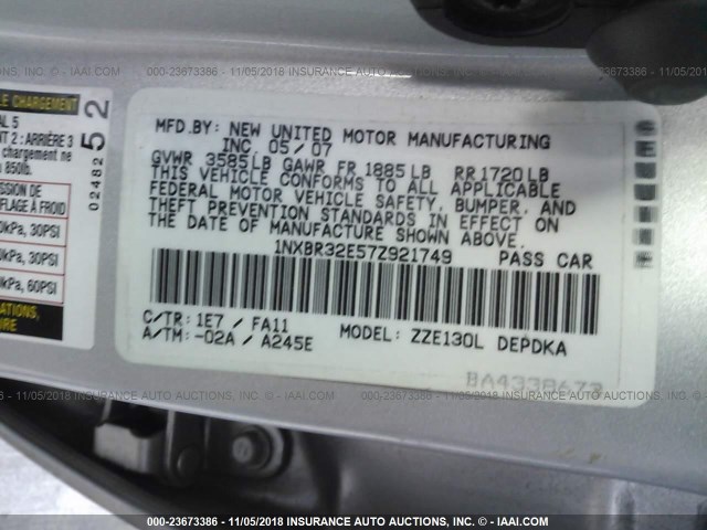 1NXBR32E57Z921749 - 2007 TOYOTA COROLLA CE/LE/S SILVER photo 9