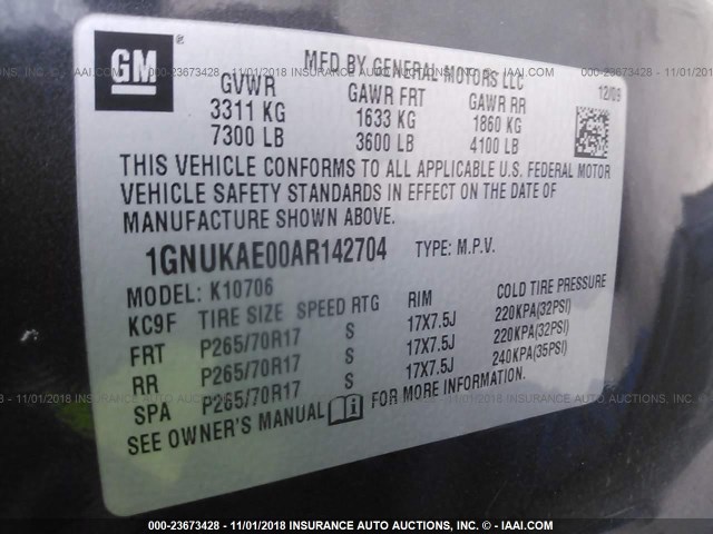 1GNUKAE00AR142704 - 2010 CHEVROLET TAHOE K1500 LS GRAY photo 9