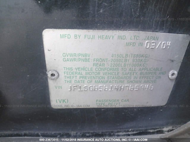 JF1SG65614H765946 - 2004 SUBARU FORESTER 2.5XS მწვანე ფოტო 9
