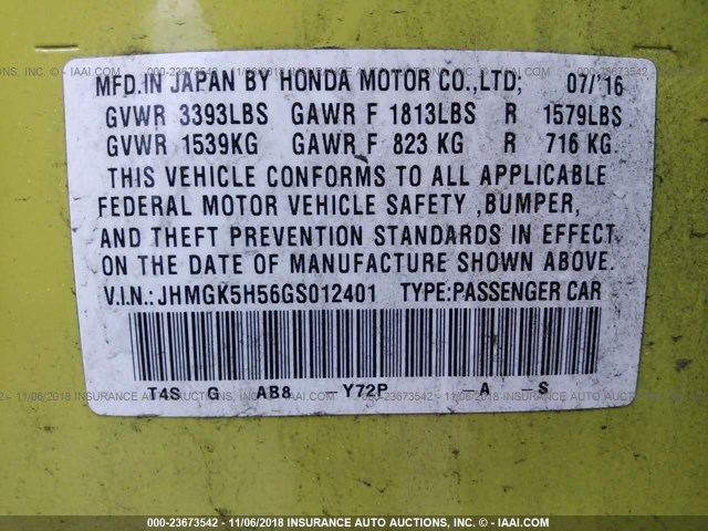 JHMGK5H56GS012401 - 2016 HONDA FIT LX GREEN photo 9