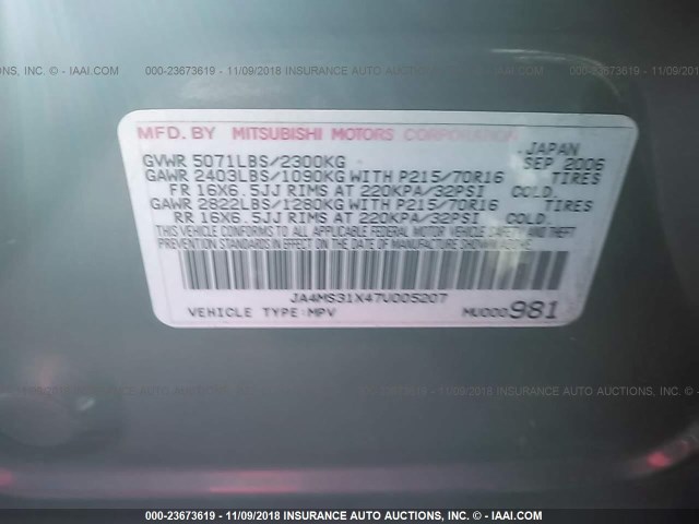 JA4MS31X47U005207 - 2007 MITSUBISHI OUTLANDER ES/LS Boz foto 9