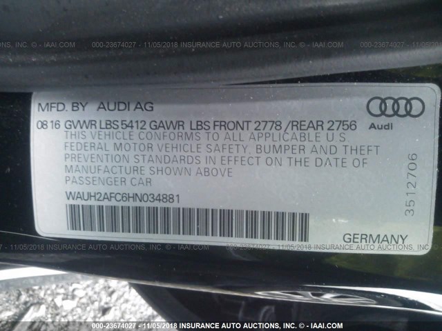 WAUH2AFC6HN034881 - 2017 AUDI A6 PRESTIGE BLACK photo 9