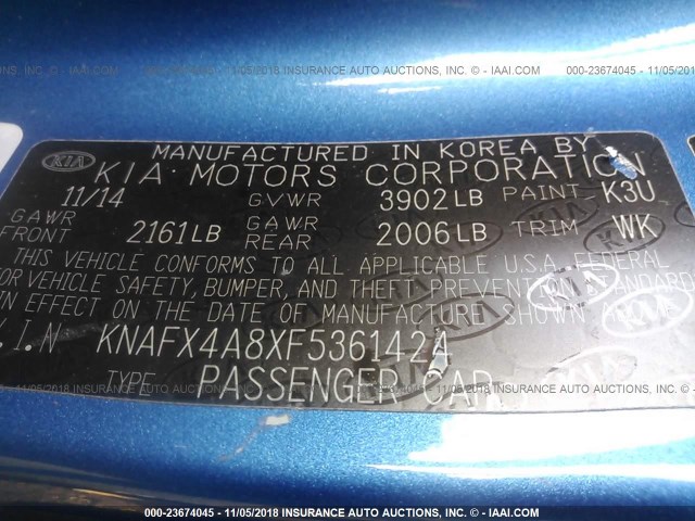 KNAFX4A8XF5361424 - 2015 KIA FORTE EX BLUE photo 9