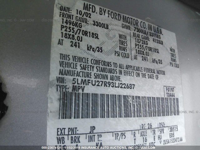 5LMFU27R93LJ22687 - 2003 LINCOLN NAVIGATOR 银色 照片 9