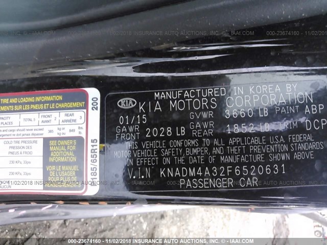 KNADM4A32F6520631 - 2015 KIA RIO LX BLACK photo 9