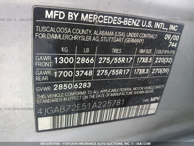 4JGAB72E51A225781 - 2001 MERCEDES-BENZ ML 430 SILVER photo 9