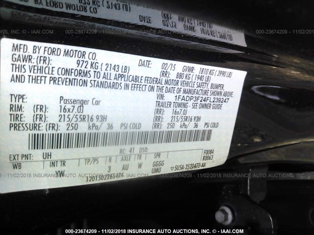 1FADP3F24FL239247 - 2015 FORD FOCUS SE BLACK photo 9