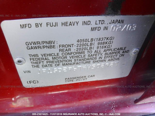 JF1GD29674H502927 - 2004 SUBARU IMPREZA WRX RED photo 9