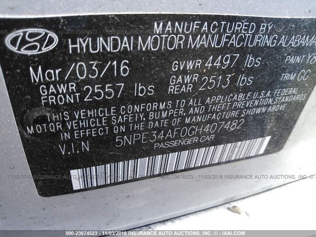 5NPE34AF0GH407482 - 2016 HYUNDAI SONATA SPORT/LIMITED SILVER photo 9