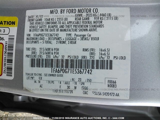 1FA6P0G71E5367742 - 2014 FORD FUSION S SILVER photo 9