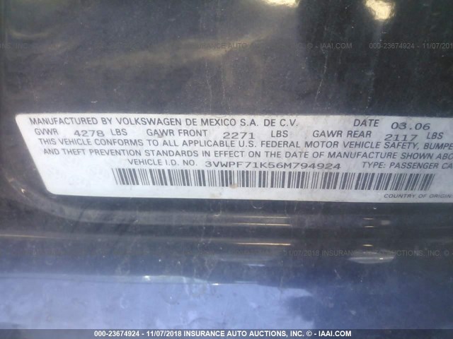 3VWPF71K56M794924 - 2006 VOLKSWAGEN JETTA VALUE BLACK photo 9