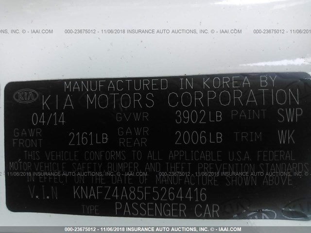 KNAFZ4A85F5264416 - 2015 KIA FORTE EX WHITE photo 9