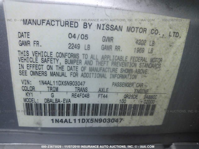 1N4AL11DX5N903047 - 2005 NISSAN ALTIMA S/SL SILVER photo 9