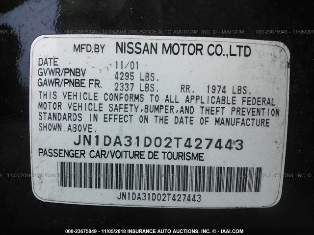 JN1DA31D02T427443 - 2002 NISSAN MAXIMA GLE/GXE/SE Dark Blue photo 9