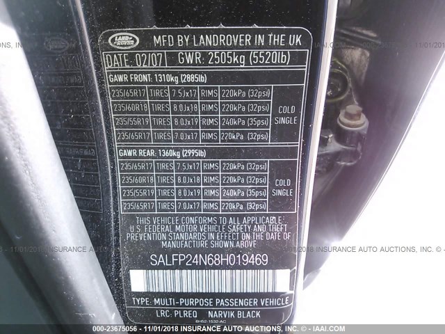 SALFP24N68H019469 - 2008 LAND ROVER LR2 SE BLACK photo 9