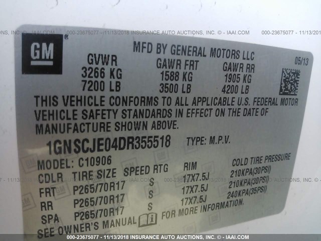 1GNSCJE04DR355518 - 2013 CHEVROLET SUBURBAN C1500 LT WHITE photo 9