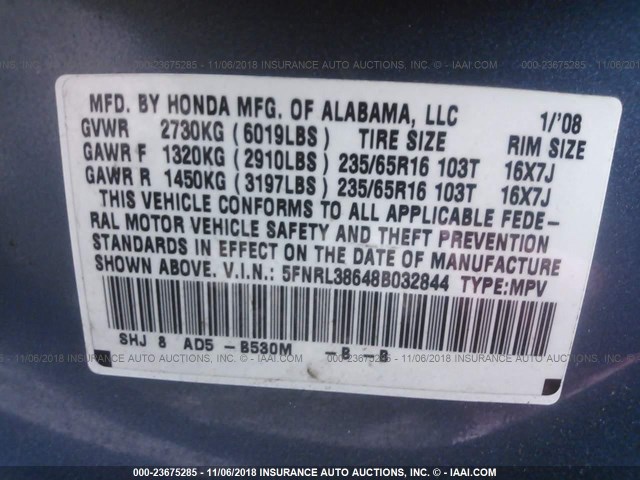 5FNRL38648B032844 - 2008 HONDA ODYSSEY EXL Light Blue photo 9