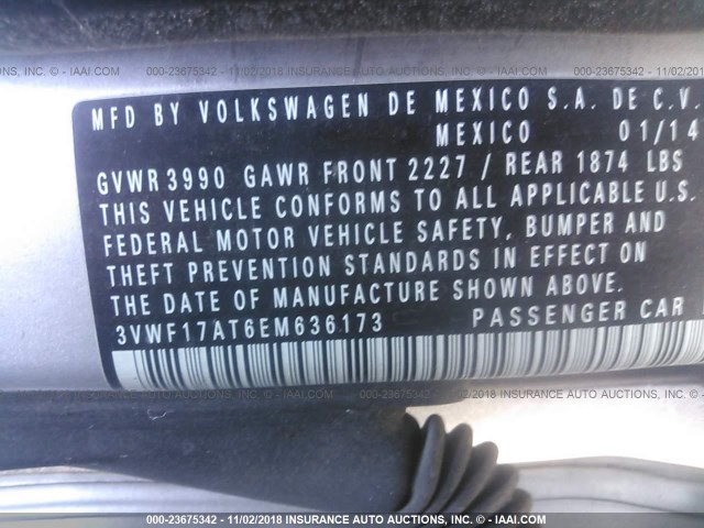 3VWF17AT6EM636173 - 2014 VOLKSWAGEN BEETLE SILVER photo 9