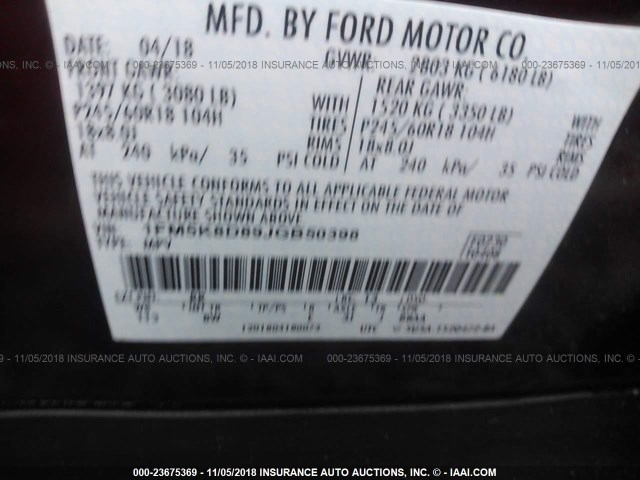 1FM5K8D89JGB50398 - 2018 FORD EXPLORER XLT RED photo 9