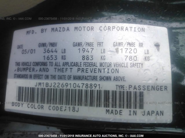 JM1BJ226910478891 - 2001 MAZDA PROTEGE LX/ES მწვანე ფოტო 9