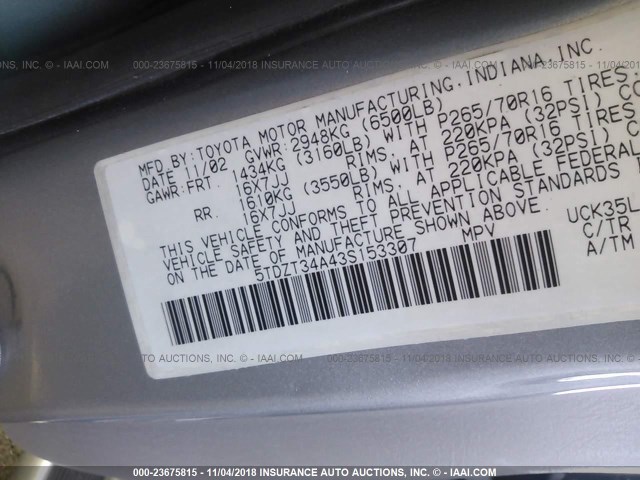 5TDZT34A43S153307 - 2003 TOYOTA SEQUOIA SR5 SILVER photo 9