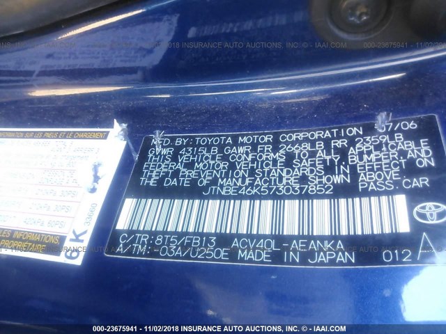 JTNBE46K573037852 - 2007 TOYOTA CAMRY NEW GENERAT CE/LE/XLE/SE BLUE photo 9