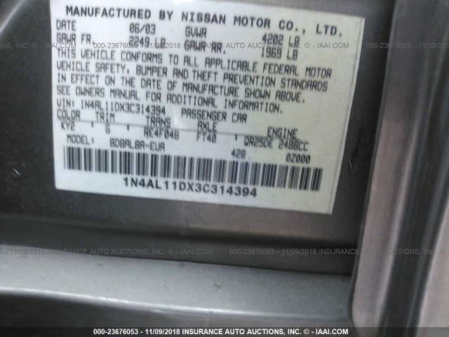 1N4AL11DX3C314394 - 2003 NISSAN ALTIMA S/SL TAN photo 9