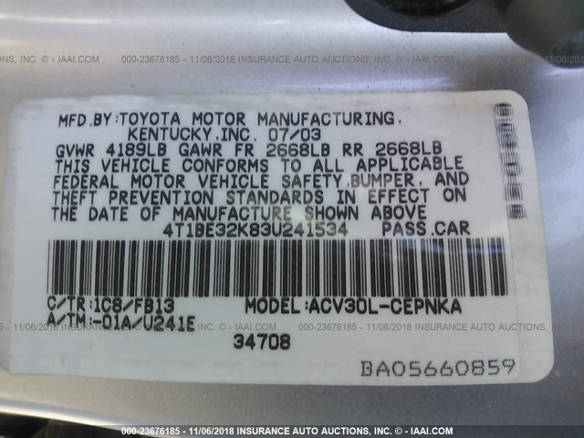 4T1BE32K83U241534 - 2003 TOYOTA CAMRY LE/XLE/SE SILVER photo 9