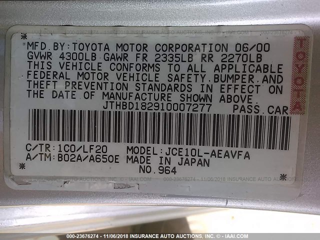 JTHBD182910007277 - 2001 LEXUS IS 300 SILVER photo 9