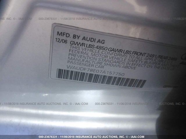 WAUDF78E07A157750 - 2007 AUDI A4 2.0T QUATTRO SILVER photo 9