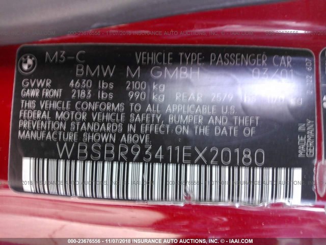 WBSBR93411EX20180 - 2001 BMW M3 CI RED photo 9