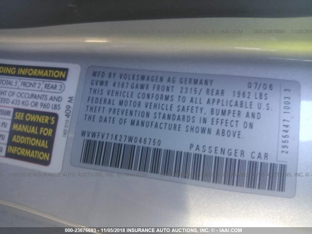 WVWFV71K27W046750 - 2007 VOLKSWAGEN NEW GTI FAHRENHEIT SILVER photo 9