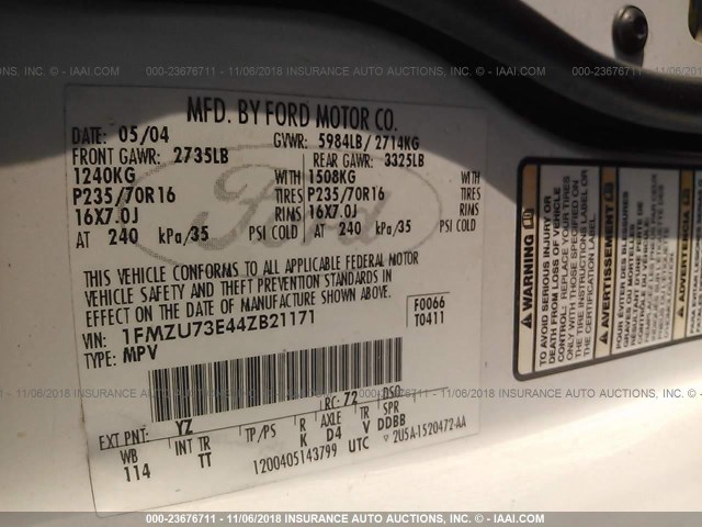 1FMZU73E44ZB21171 - 2004 FORD EXPLORER XLT/XLT SPORT/NBX 白色 照片 9