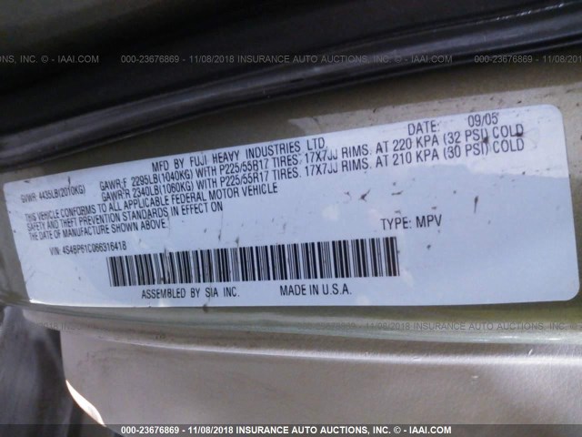 4S4BP61C066316418 - 2006 SUBARU LEGACY OUTBACK 2.5I GREEN photo 9