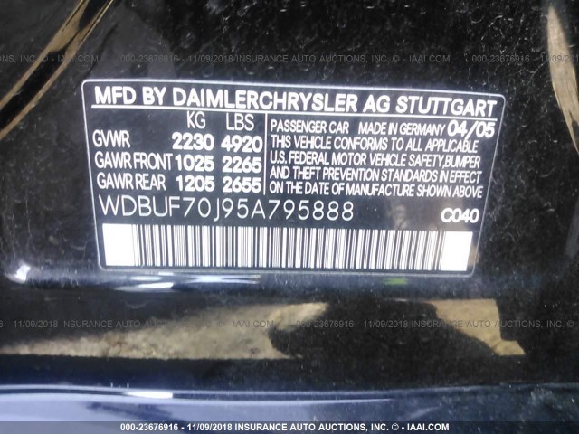 WDBUF70J95A795888 - 2005 MERCEDES-BENZ E 500 BLACK photo 9