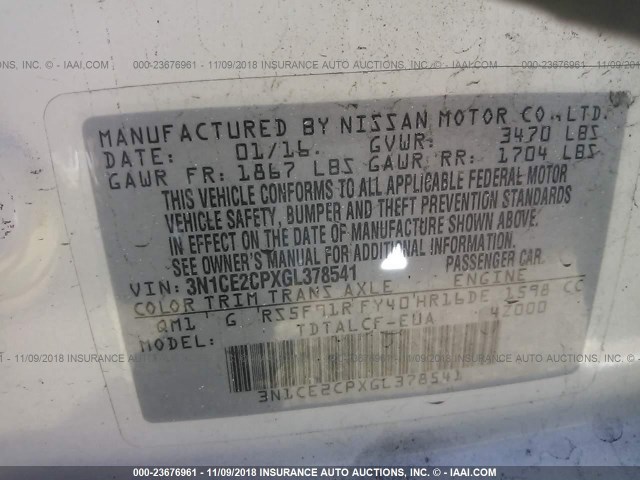 3N1CE2CPXGL378541 - 2016 NISSAN VERSA NOTE S/S PLUS/SV/SL/SR WHITE photo 9