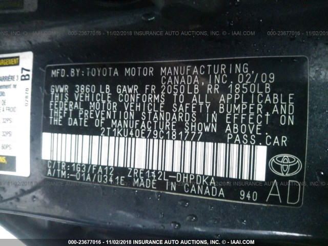 2T1KU40E79C181777 - 2009 TOYOTA COROLLA MATRIX  GRAY photo 9