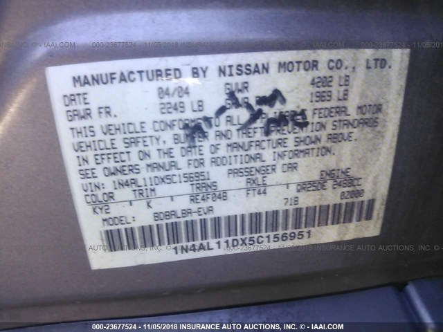 1N4AL11DX5C156951 - 2005 NISSAN ALTIMA S/SL GRAY photo 9