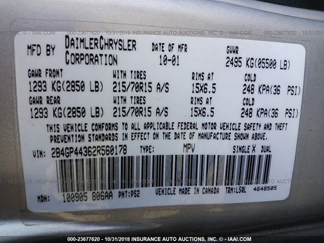 2B4GP44362R560178 - 2002 DODGE GRAND CARAVAN SPORT SILVER photo 9