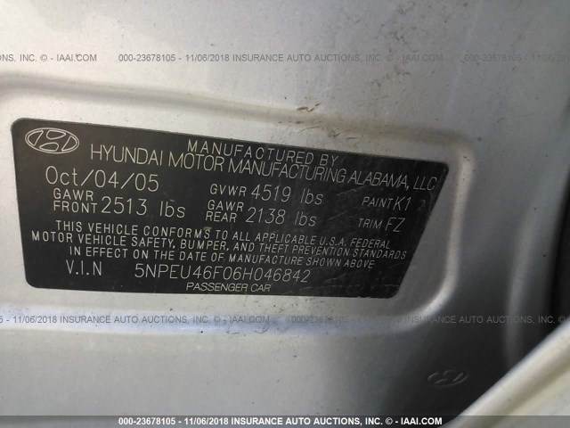 5NPEU46F06H046842 - 2006 HYUNDAI SONATA GLS/LX SILVER photo 9