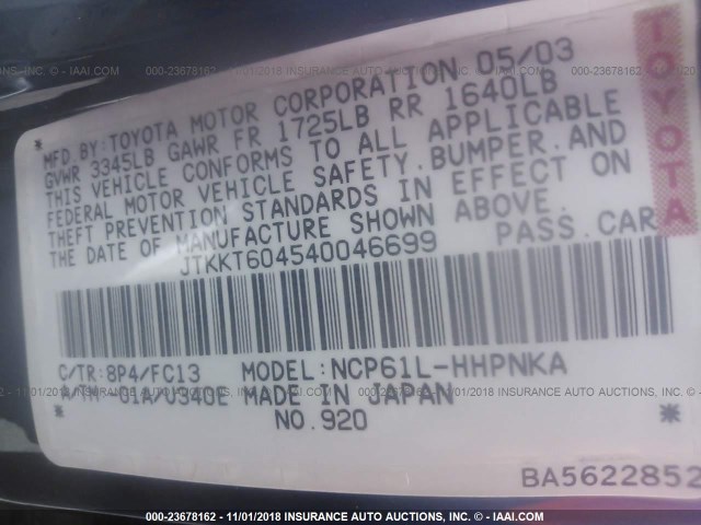 JTKKT604540046699 - 2004 TOYOTA SCION XA BLUE photo 9