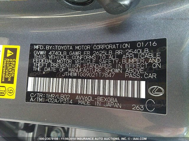 JTHBW1GG9G2117847 - 2016 LEXUS ES 300H GRAY photo 9