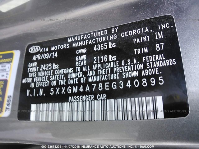 5XXGM4A78EG340895 - 2014 KIA OPTIMA LX GRAY photo 9