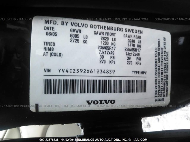 YV4CZ592X61234859 - 2006 VOLVO XC90 BLACK photo 9