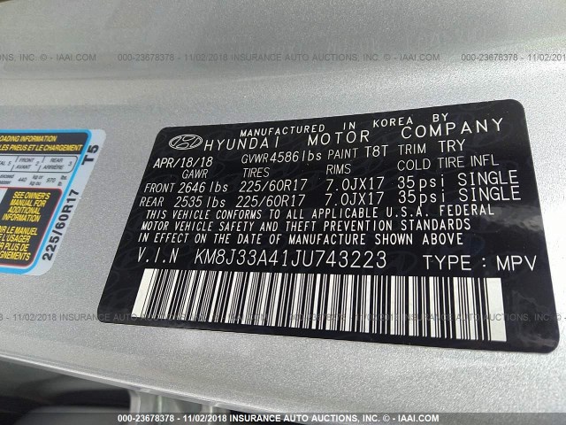 KM8J33A41JU743223 - 2018 HYUNDAI TUCSON SEL/SEL PLUS SILVER photo 9