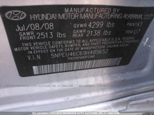 5NPEU46C69H485652 - 2009 HYUNDAI SONATA SE/LIMITED SILVER photo 9