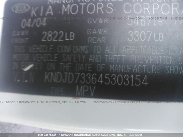 KNDJD733645303154 - 2004 KIA SORENTO EX/LX WHITE photo 9