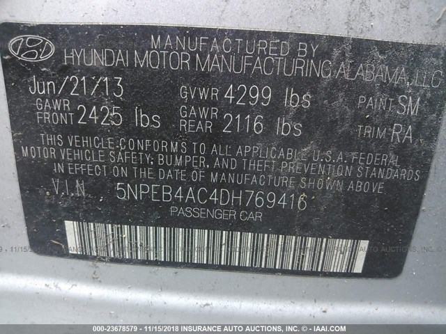 5NPEB4AC4DH769416 - 2013 HYUNDAI SONATA GLS SILVER photo 9